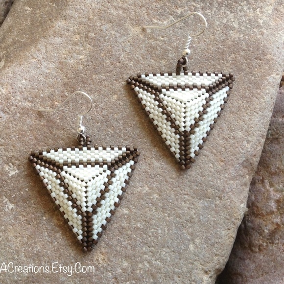Chocolate and Cream Triangle Beaded Earrings, New, Handmade By Me - Picture 3 of 5